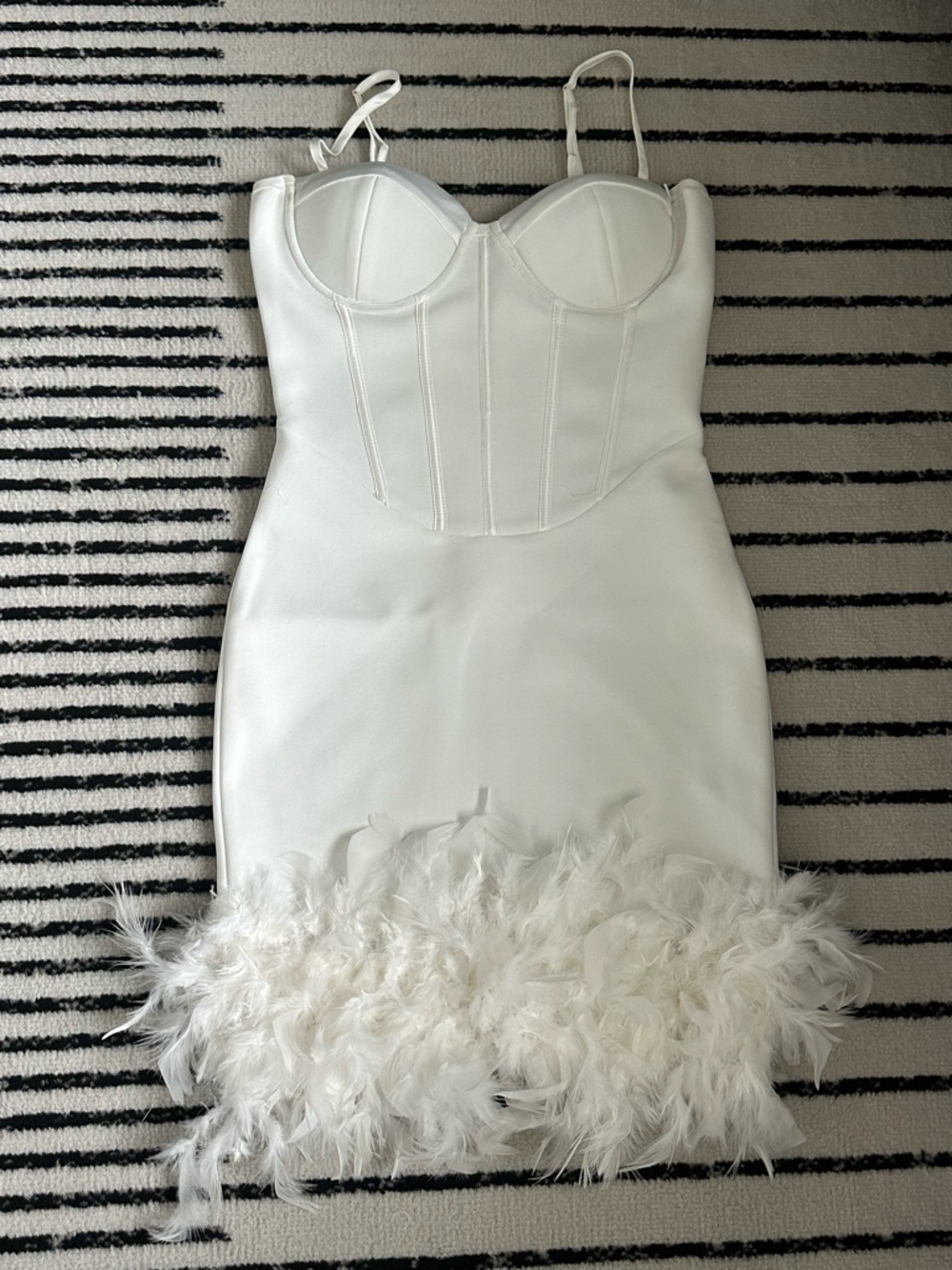 White Feather-Hem Bustier Mini Dress